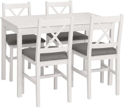 Eetkamer-set MCW-F77, zitgroep Eetkamergroep, massief grenenhout Stof Landhuis 110 cm ~ wit Bekleding grijs