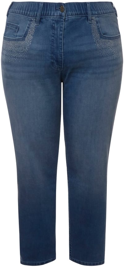 Ulla Popken - Dames - Jeans Sarah siersteentjes smalle pijpen stretch - Blauw denim - Maat 42