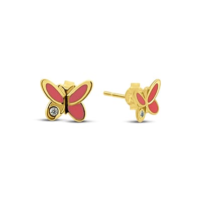 New Bling 9NBSAM-G230260 Gouden Oorknopjes Vlinder - 6,3x7,5mm - Emaille - Roze - Zirkonia - 14 Karaat - goud