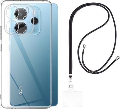 Set met hoesje en nekband voor xiaomi redmi note 14 4g eu version - Flexibele, transparante TPU-bescherming, verstelbare universele nekband voor mobiele telefoons, zwarte nekband, transparante draagriem van Phonillico®