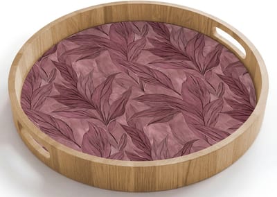 Dienblad rond 40x40 cm - Schootdienblad hout - Bladeren - Patroon - Paars - Borrelplank rechthoek - Plateau houten dienbladen