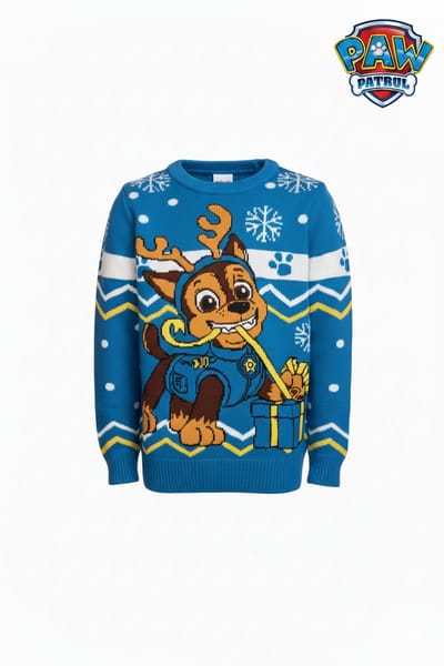 PAW Patrol – Kersttrui Jongens – Maat 122/128 – Paw Patrol X-MAS Trui Kinderen – Blauwe Kersttrui met Chase – Warme Wintertrui – Paw Patrol Kleding – Kerstcadeau Kind – Kinderkleding – Jongens Trui – Winter Kleding