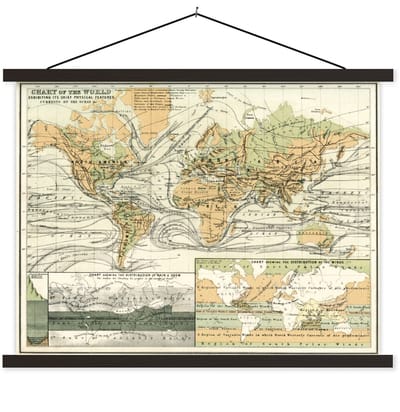 Posterhanger incl. Poster 150x113 cm - Schoolplaat - Vintage wereldkaart met landschapskenmerken - Textielposter - Zwarte latten