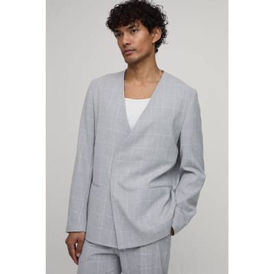 Windowpane Checked Collarless Regular Fit Wrap Blazer | Grey | Size 48