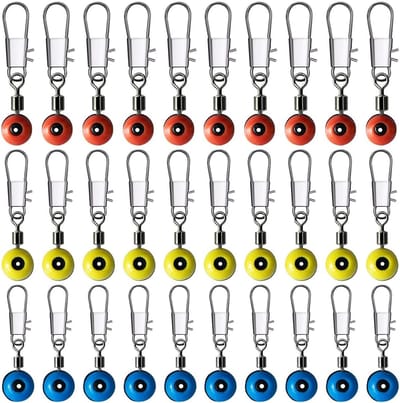 SnelShoppen - Fishing Barrel Vertebra, 60 Stuks Vissers Swivels met Carabiner, 3 Maten, Rood, Geel, Blauw, RVS, Corrosiebestendig, Duurzaam, Vissen Ac