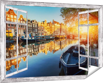 Gards Tuinposter Doorkijk Amsterdamse Gracht bij Zonsondergang - 150x100 cm - Tuindoek - Tuindecoratie - Wanddecoratie buiten - Tuinschilderij