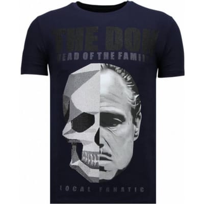 T shirt Heren - T shirt Heren met Print - Heren Tshirt met Opdruk The Don Skull - Rhinestone Funny Shirt- Navy
