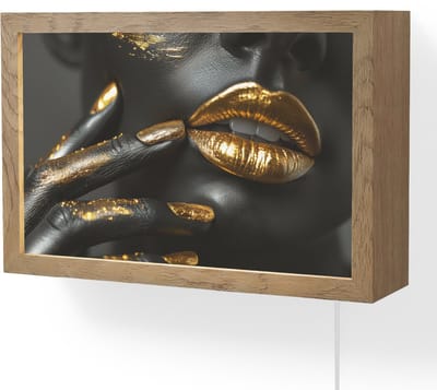 Wandlamp 30x20 cm - Oplaadbaar - Lippen - Goud - Abstract - Zwart - Vrouw - Wandlampen binnen woonkamer - Slaapkamer lamp met kabel - Decoratieve nachtlamp - Vloerlamp snoer