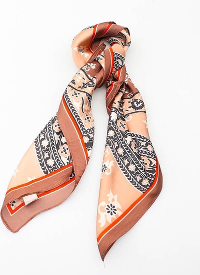 Dames neksjaal Laureen gebloemd motief bruin wit oranje zwart beige