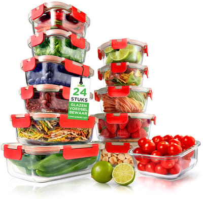 NutriChef Glazen Vershoudbakjes – 12-delige set met 12 luchtdichte deksels - – Magnetron-, vriezer- en vaatwasserbestendig - Rood