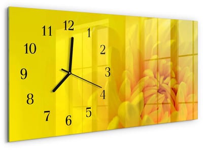 Tulup Wandklok - Bloem Moderne Wandklok Glas - 60x30 cm - Geel Wandklok Glas Decoratie - Zwarte Handen - Rechthoekige Wandklok - Moderne Wandklok Glas - Wandklok Glas Decoratie