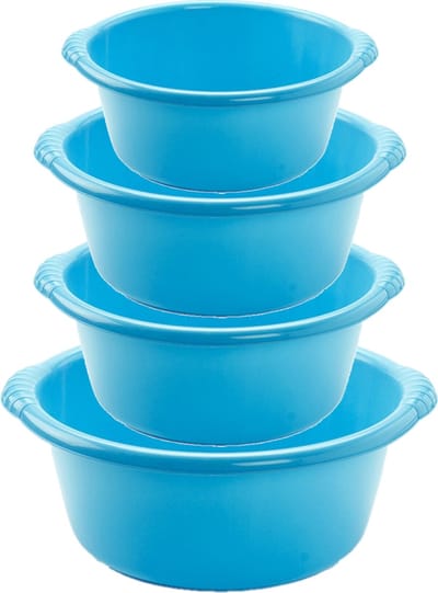 Voordeelset multifunctionele kunststof ronde teiltjes blauw in 4-formaten - 10-15-20-25 liter inhoud