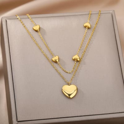 316L Roestvrij Staal Meerlaagse Hart Ketting Voor Vrouwen Meisjes Goth Goudkleur Sleutelbeenkettinkje Bedel Choker Sieraden Verjaardagscadeau 45cm beige