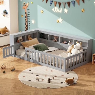 Kinderbed met Opbergvak - Vloerbed Kinderen - Veilig Slapen - Flexibel Uitschuifbaar Hekwerk - 90 x 200 cm - Grijs