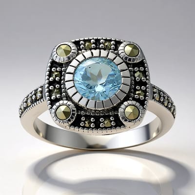 Cavill - Ring 925 Sterling Zilver met Hemelblauwe Topaas 0,89 ct en 18 Marcasieten 1,16 ct - Elegant Rond Slijpsel - Klassiek Sieraad