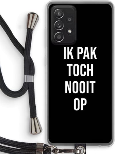 Case Company® - Hoesje met koord geschikt voor Samsung Galaxy A52s 5G hoesje met Koord - Ik pak nooit op - Zwart - Telefoonhoesje met Zwart Koord - Bescherming aan alle Kanten en Over de Schermrand