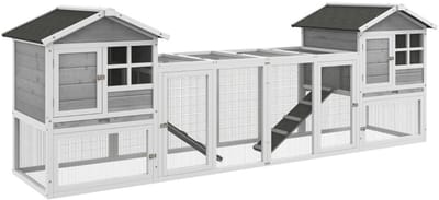 Wishdor - Kleintierstall - Met ren en ramp - 2-delig combineerbaar - Voor buiten - Voor konijnen - Gelakt hout en staal - Wit/grijs - 259 x 64 x 92 cm
