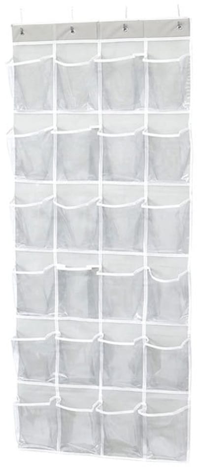 Schoenenrek - Schoenenrek voor achter de deur - Hangend - 19×64cm - 24 vakken - Opvouwbaar - Opbergvak - met haak - Grijs - Transparant
