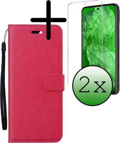 Hoesje Met 2x Screenprotector - Geschikt voor Google Pixel 8a - Luxe Pasjeshouder - Bookcase Portemonee - Flip Case - Kunstleer Book Case - Flipcase Hoes - Book Cover - Walletcase - Portemonneehoes - Donkerroze