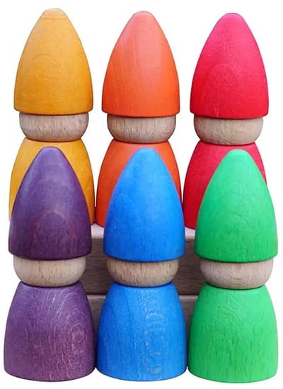 Houten kaboutertjes - Regenboogkleuren - 6 stuks - Open einde speelgoed - Educatief montessori speelgoed