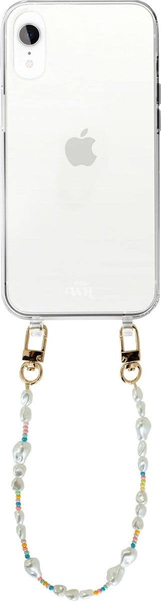 xoxo Wildhearts silicone case met koord - Transparant telefoonhoesje met koord - telefoonketting - Beachy Vibes - short - Cord Case - geschikt voor Apple iPhone XR - Korte parelketting / kralenketting - Parels - Wit / Meerkleurig