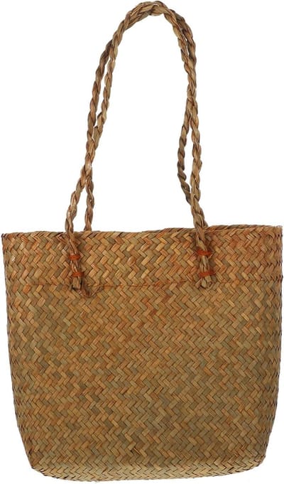 Rieten Schoudertas - Strandtas Tote - Zomerse Uitjes - Handgeweven Afwerking - 26 x 8 x 23 cm - Geel