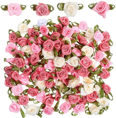 Dailygoods- Kunstbloemen Set van 100 Stuks - Mini Rozenstrikken - Satijnen Lint - Creatief Doe-Het-Zelf - Meerkleurig - Hoogwaardig Materiaal - Decoratiebloemen