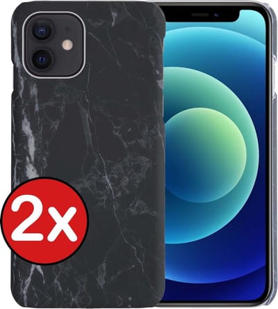 Hoesje Geschikt voor iPhone 12 Hoesje Marmer Hardcover Fashion Case Hoes - Hoes Geschikt voor iPhone 12 Marmer Hoesje Hardcase Back Cover - Zwart - 2 PACK.