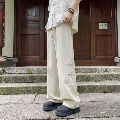 Nieuwe Chinese Stijl IJszijde Broek voor Heren In Zomer Nieuwe Stijl, Gedrapeerd, Losse Rechte Wijde Pijpen Casual Broek 3XL white