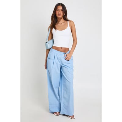 boohoo Dames Broek Met Poplin Stof En Boxer Tailleband Detail | Blauw | Maat: 34