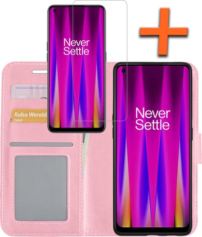 Hoes - Met Screenprotector - Geschikt voor OnePlus Nord CE 2 - Luxe Pasjeshouder - Bookcase Portemonee - Flip Case - Kunstleer Book Case - Flipcase - Book Cover - Walletcase - PortemonneeHoes - Lichtroze