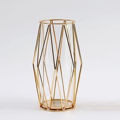 Elegante cilindervormige vaas met metalen houder voor pampasgras en bloemen, Scandinavisch geïnspireerde decoratie voor bruiloften en interieur, 22 cm hoog, goudkleurig, perfect voor stijlvolle bloemstukken.