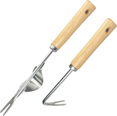 Onkruidstekers - 2 stuks roestvrij staal - houten handvat - handmatige wortelwieder en onkruidvork voor tuinieren - ideaal voor wieden - verplanten en losmaken van gazons