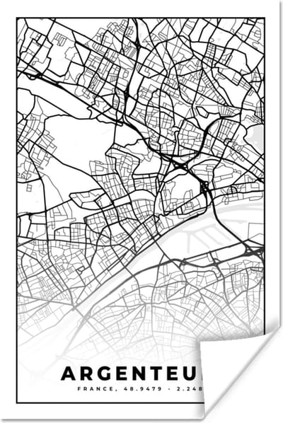 Poster Stadskaart - Plattegrond - Argenteuil - Kaart - Frankrijk - Zwart wit - 120x180 cm XXL