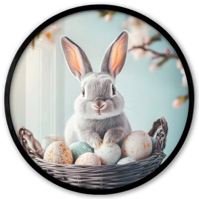 Poster in lijst Rond - Fotolijst 40x40 cm - Posters - Konijn - Eieren - Mand - Ronde posterlijst zwart - Decoratie - Wanddecoratie woonkamer - Muurdecoratie slaapkamer