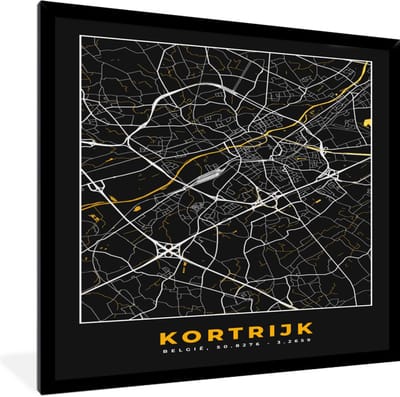 Fotolijst incl. Poster - Kaart - Kortrijk - Goud - Plattegrond - Stadskaart - 40x40 cm - Posterlijst