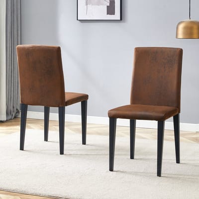 [Set van 2 minimalistische eetkamerstoelen] Europese stijl met bruine geweven stof: Donkerbruine technische stof + zwarte metalen poten. Past perfect in moderne eetkamers, woonkamers en meer.