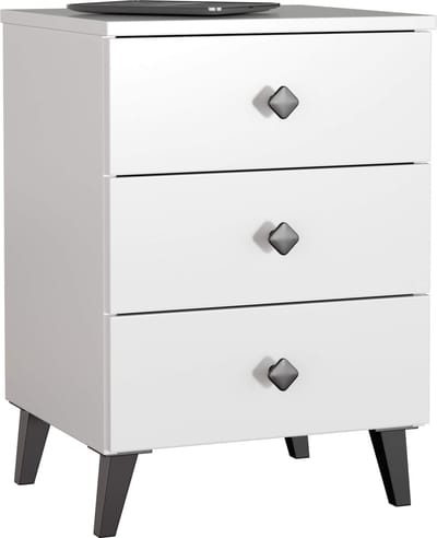 Nachtkastje MOBI met 3 Lades / AKORD Furniture Factory / Wit met Zwarte Handgrepen / 40 x 58 x 37 cm