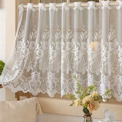 VHV - Gordijnen - Vitrage - Valletje - Set van 2 - Kant - Geborduurd - Landelijk - Voor keuken en woonkamer - Lichtdoorlatend - 180*70cm - Stijl 2 - Wit