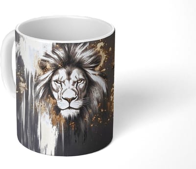 Mok - Koffiemok - Leeuw - Portret - Verfspatten - Grijs - Mokken - 350 ML - Beker - Koffiemokken - Theemok