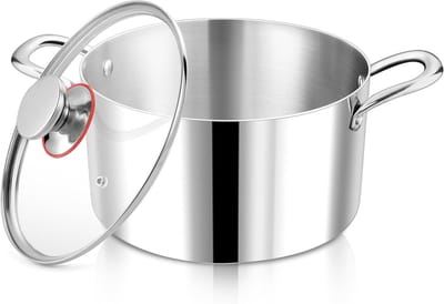 Premium 3-laags roestvrijstalen kookpan van 24 cm met glazen deksel, ideaal voor stoven, soepen en pasta bereiden, geschikt voor alle warmtebronnen