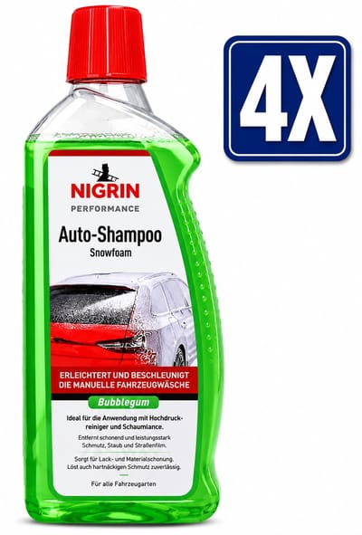 NIGRIN Auto Snowfoam 1 Liter Schuimshampoo met Bubbelgum-Geur - Set van 4 Flessen (4 L Totaal) - Voordeelverpakking Auto Schoonmaakmiddel