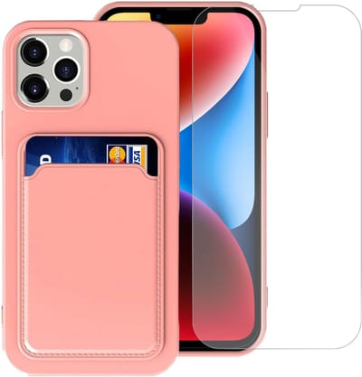 Geschikt voor iPhone 14 Pasjes houder Hoesje Case + Screenprotector – Gehard Glas Cover - Portemonnee Hoesje Cover - Rose