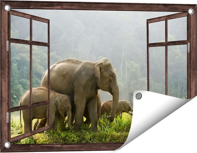 Gards Tuinposter Doorkijk Olifanten Familie in de Jungle - Olifant - 60x40 cm - Tuindoek - Tuindecoratie - Wanddecoratie buiten - Tuinschilderij