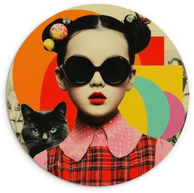 WallCircle® Wandcirkel 120x120 cm - Muurcirkel Meisje - Zonnebril - Kat - Retro - Muurdecoratie woonkamer - Wanddecoratie slaapkamer - Kamer decoratie accessoires - Ronde schilderijen XXL