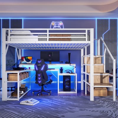 Sweiko Hoogslaper - 140 x 200 cm - Metalen frame - Opbergruimte - LED-verlichting - Met bureau - USB-poorten - Wit