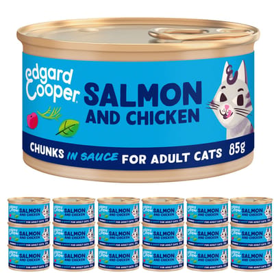 Edgard & Cooper Kattenvoer Graanvrij Natvoer voor Katten Gesteriliseerde of Actieve Kat Natuurlijke Stukjes in Saus 85g x 18 Verse Zalm & Kip, Smakelijk en Uitgebalanceerd, Vers Vlees