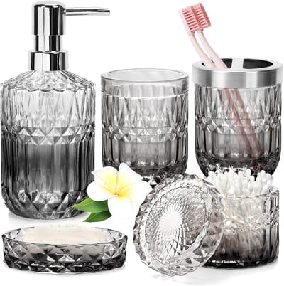 Badkamer Accessoires Set - 5 Delig - Moderne Keuken - Loodvrij Glas - Ruimtebesparend - Helder naar Zwart
