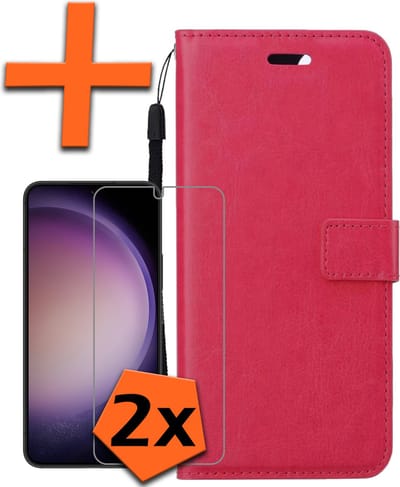 Hoes - Met 2x Screenprotector - Geschikt voor Samsung Galaxy S23 - Luxe Pasjeshouder - Bookcase Portemonee - Flip Case - Kunstleer Book Case - Flipcase Hoes - Book Cover - Walletcase - PortemonneeHoes - Donkerroze