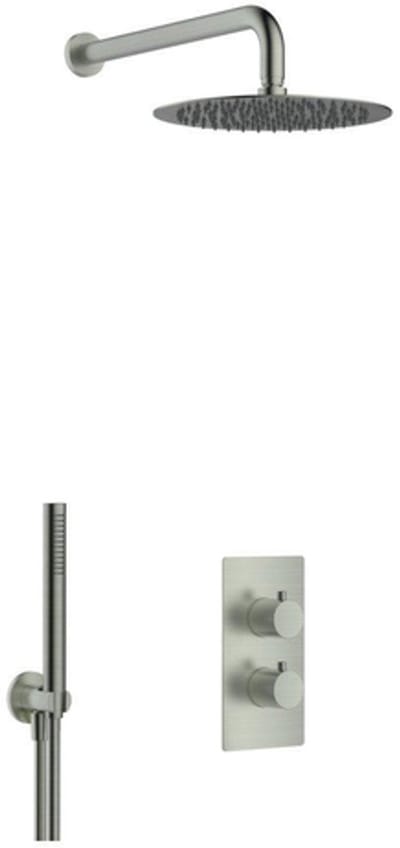 FugaFlow Eccelente Acces Inbouw Regendoucheset - thermostatisch - wandarm - 25cm hoofddouche - staaf handdouche - metalen doucheslang - geborsteld Gunmetal PVD